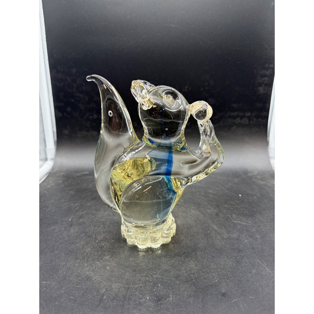 Vintage Hand Blown Art Glass Squirrel Figurine Amber Blue Clear Paperweight 6.7"